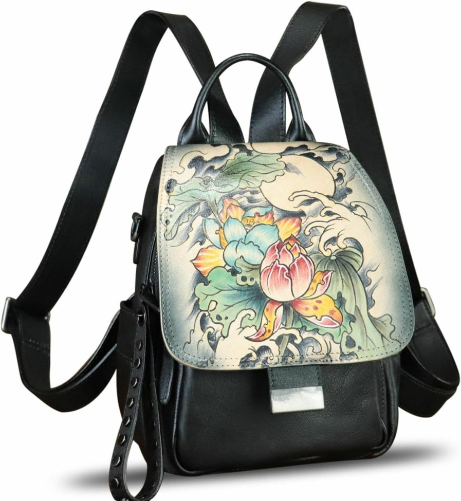 Backpack Handbags | FEIGITOR Feigitor Genuine Leather Backpack For Women Hand Painted Knapsack Purse Designer Handmade Rucksack Casual Daypack (Pattern3)