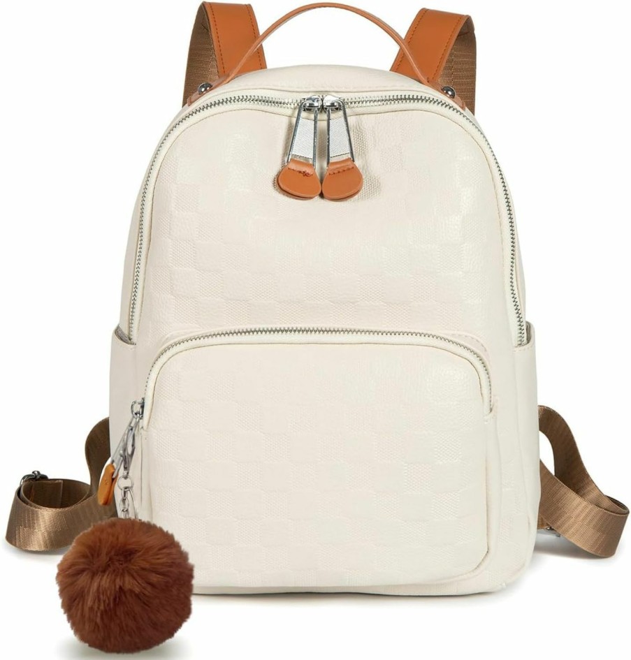 Backpack Handbags | Sunwel Fashion Sunwel Fashion Checker Backpack For Women Cute Small Backpack Purse With Pompom Pu Leather Small Casual Daypacks For Travel (White)