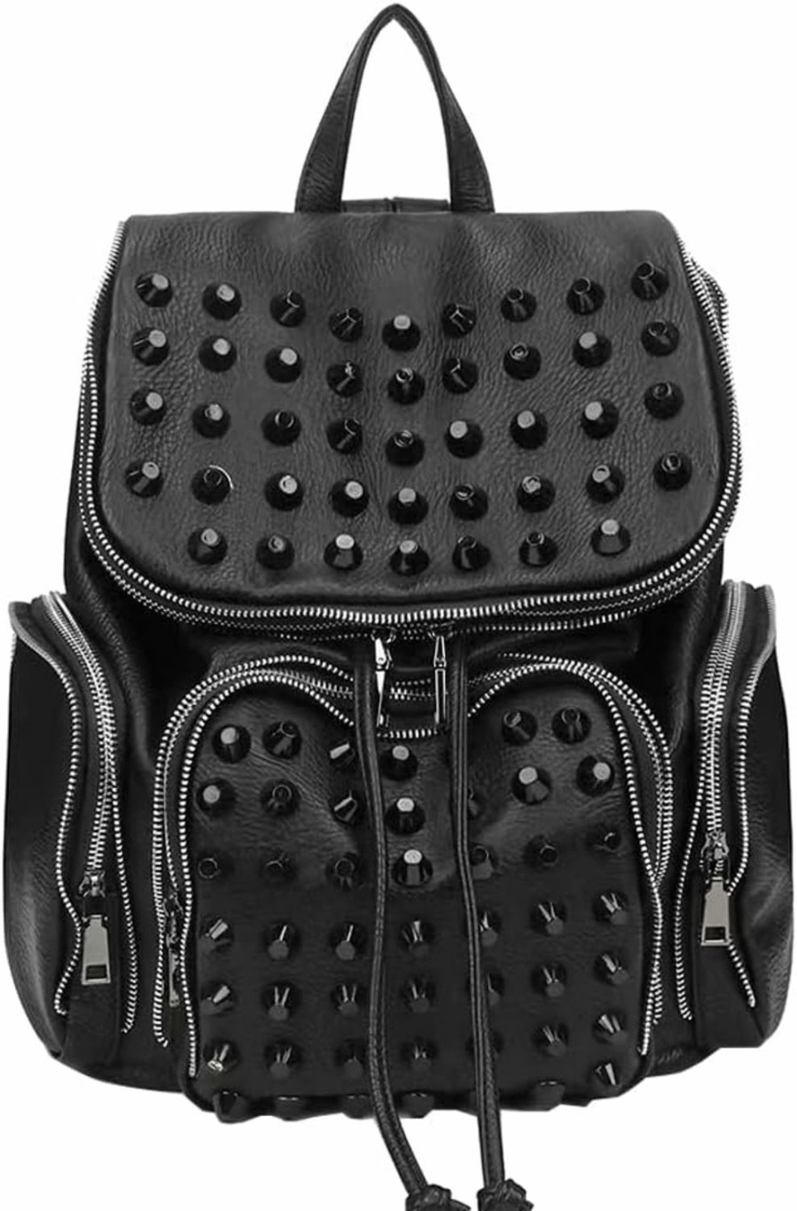 Backpack Handbags | Downupdown Downupdown Studded Backpacks For Women And Men Leather Flap Rivet Backpack Knapsack Ladies Casual Daypack Shoulder Bag Cool Zipper Backpack With Top Handle Bucket Bag-Black