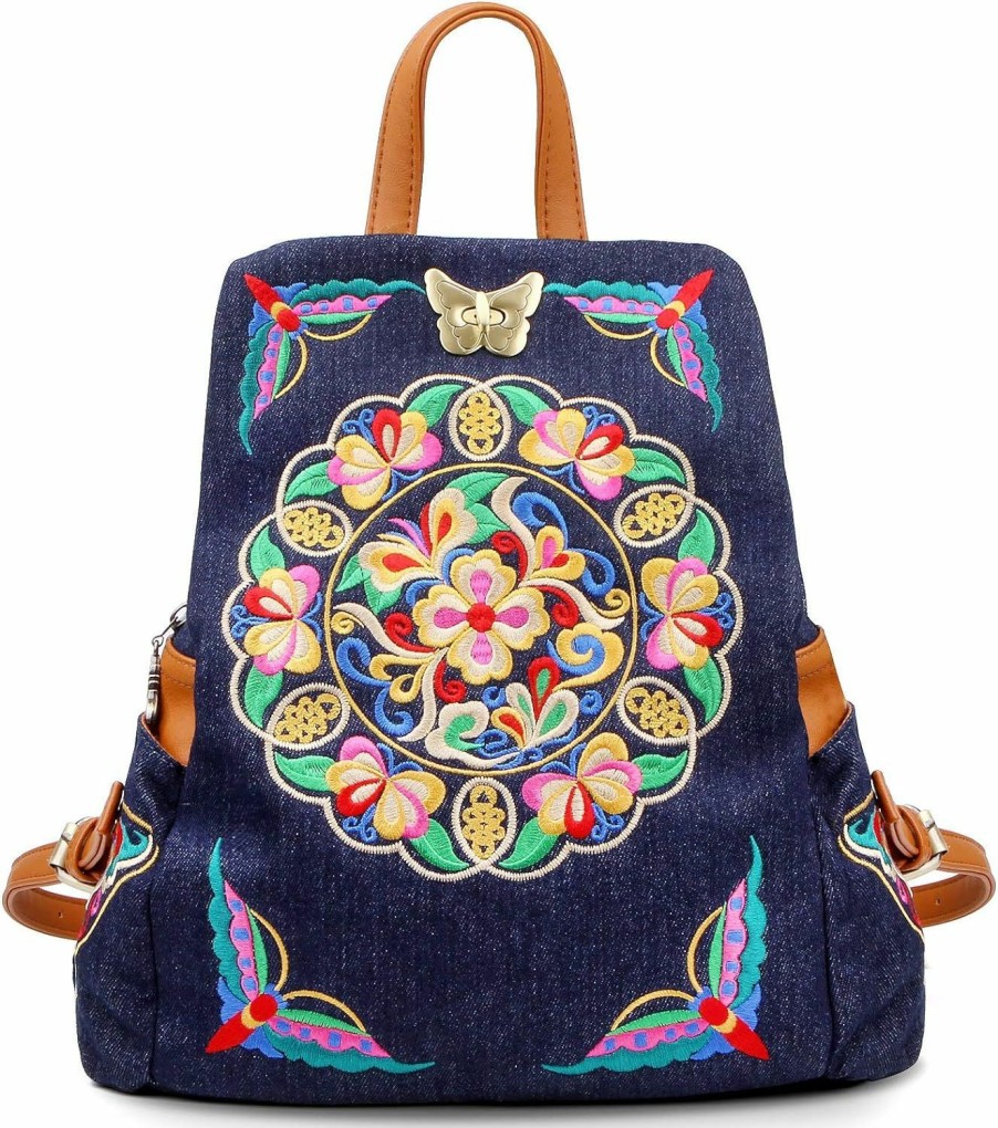 Backpack Handbags | Jursccu Jursccu Denim Embroidered Floral Canvas Backpacks For Women Anti Theft Retro Jeans Travel Ethnic Style Shoulder Bag One-Size