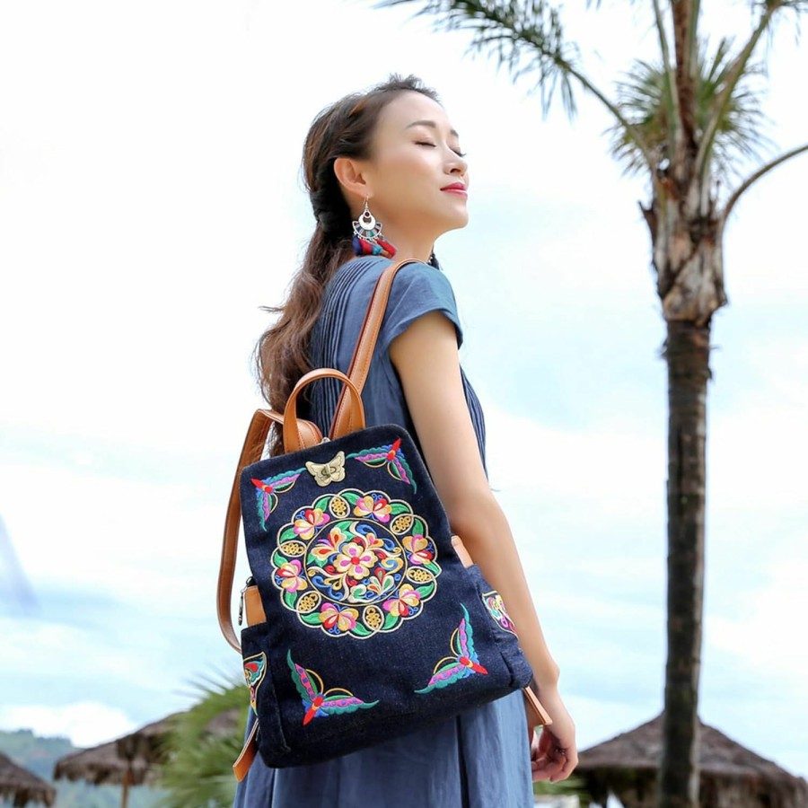 Backpack Handbags | Jursccu Jursccu Denim Embroidered Floral Canvas Backpacks For Women Anti Theft Retro Jeans Travel Ethnic Style Shoulder Bag One-Size