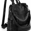 Backpack Handbags | UTO Uto Women Anti-Theft Backpack Purse Pu Washed Leather Ladies Tassels Convertible Rucksack Shoulder Bag Black