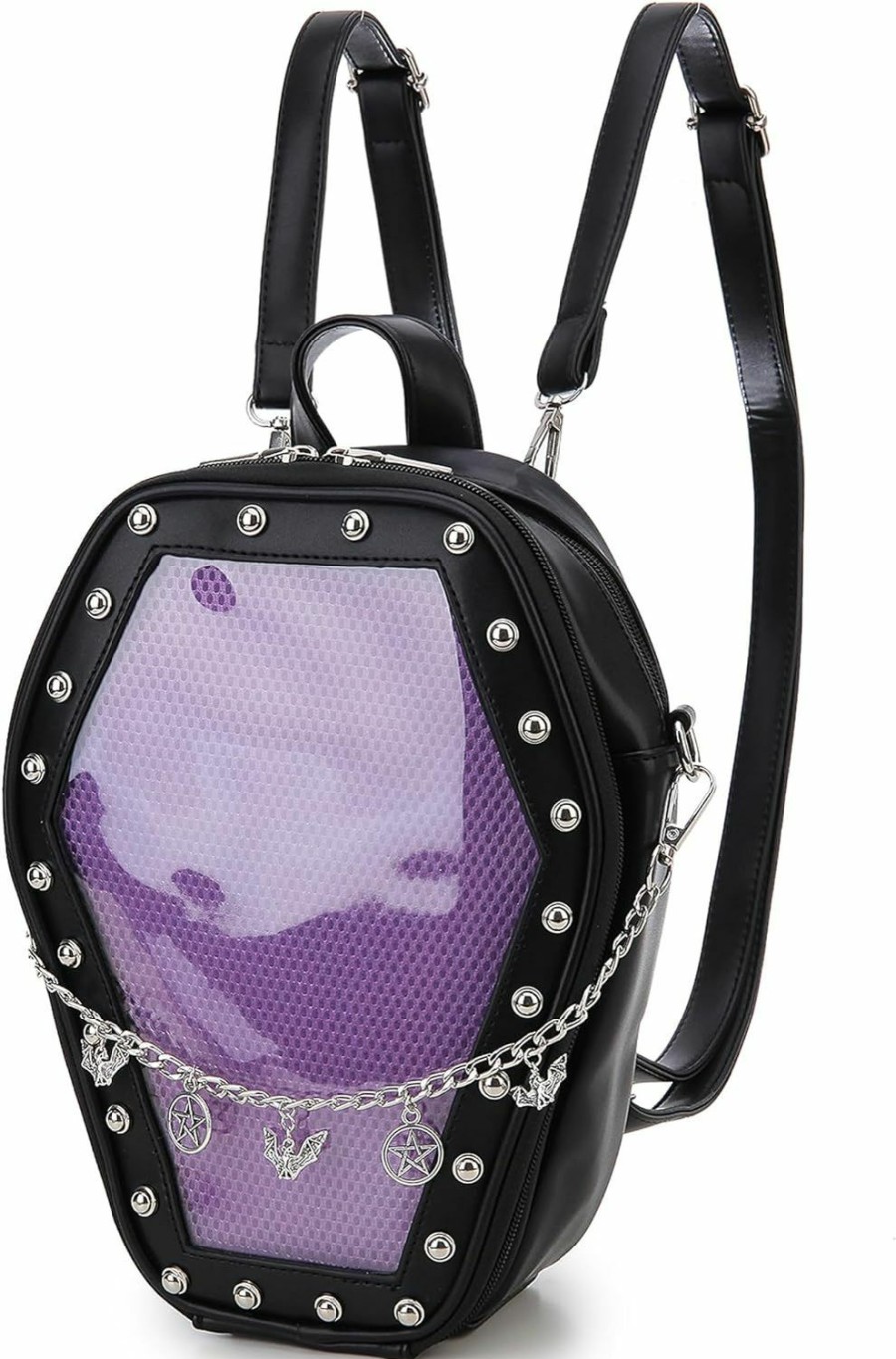 Backpack Handbags | fancybag Fancybag Goth Coffin Backpack With Detachable Bat Wing Halloween Coffin Ita Punk Shoulder Bag For Enamel Pins Display