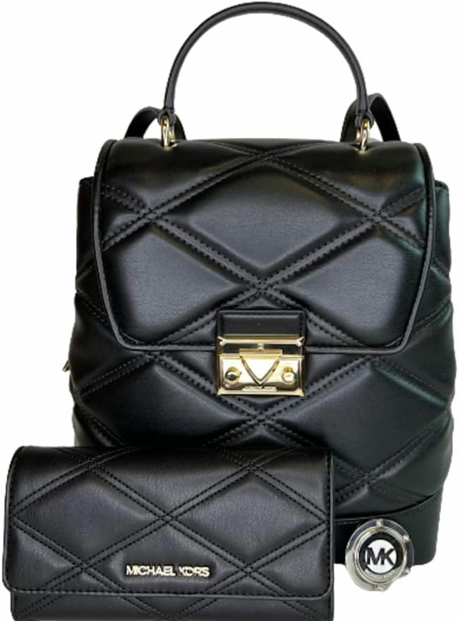 Backpack Handbags | Michael Kors Michael Kors Serena Md Flap Backpack Bundled With Trifold Wallet And Purse Hook (Black)