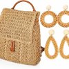 Backpack Handbags | Cunno Cunno 3 Pcs Straw Backpack Crochet Backpack Purse Handmade Shoulders Bag Woven Bohemian Earrings Set Drawstring Daypack Rattan Earrings Beach Boho Hoop Drop Dangle Summer Handbags For Girls