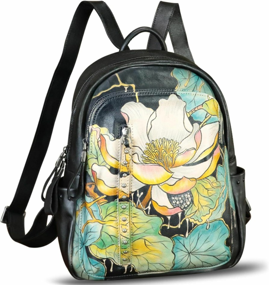 Backpack Handbags | FEIGITOR Feigitor Genuine Leather Backpack For Women Hand Painted Rivet Knapsack Purse Handmade Rucksack Casual Daypack (Pattern4)