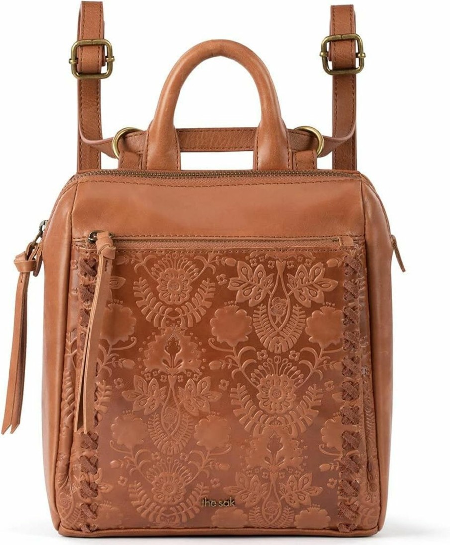 Backpack Handbags | The Sak The Sak Loyola Mini Backpack In Leather, Convertible Design With Adjustable Strap, Tobacco Floral Embosseed