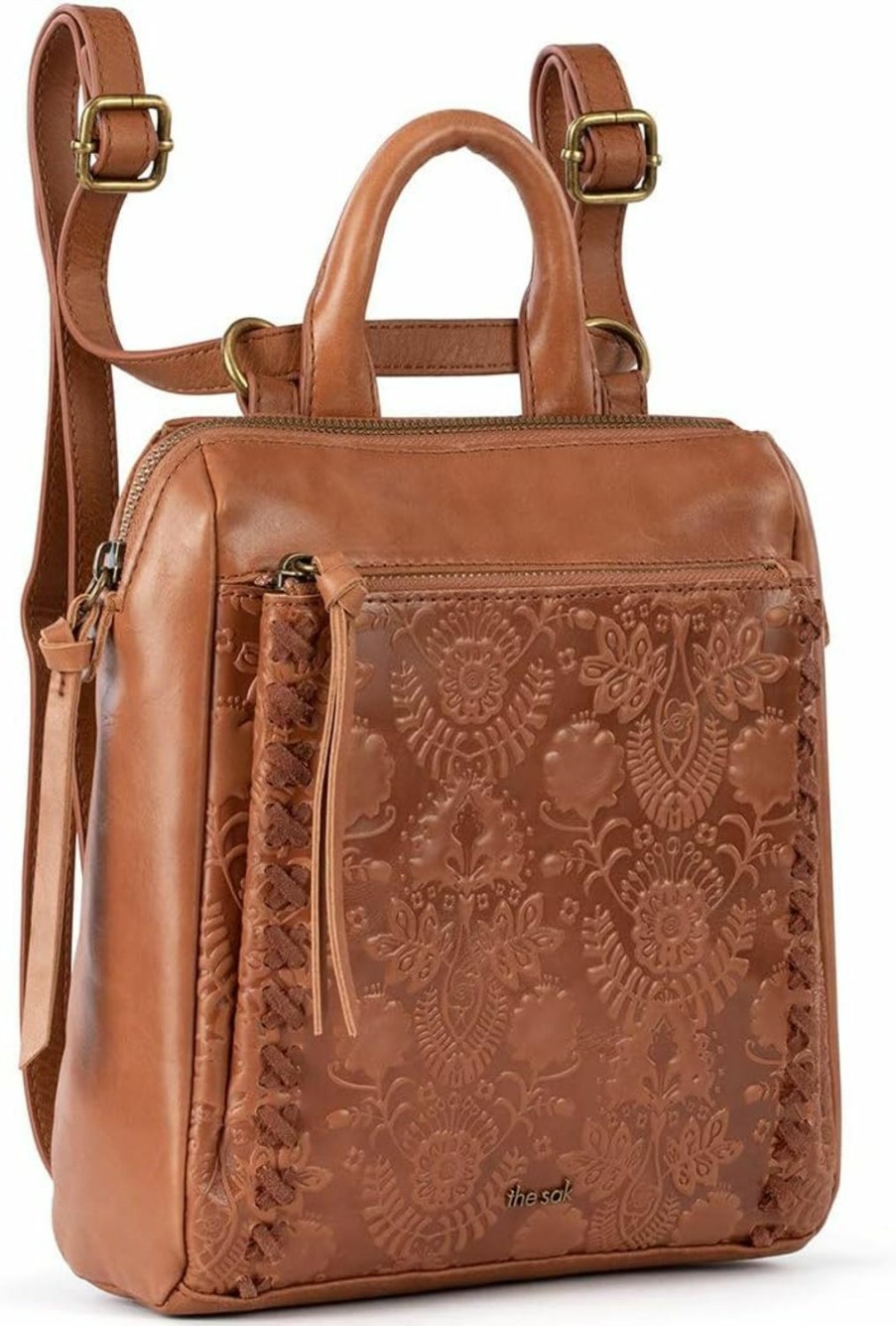 Backpack Handbags | The Sak The Sak Loyola Mini Backpack In Leather, Convertible Design With Adjustable Strap, Tobacco Floral Embosseed