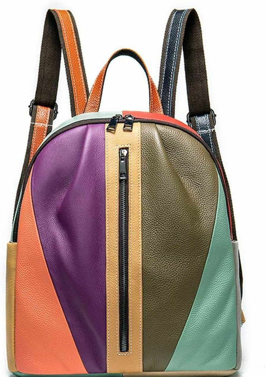 Backpack Handbags | Segater Segater Women'S Multicolor Backpack Genuine Leather Handbag Random Colorful Patchwork Shoulder Bag Men Daypack Unique Purses