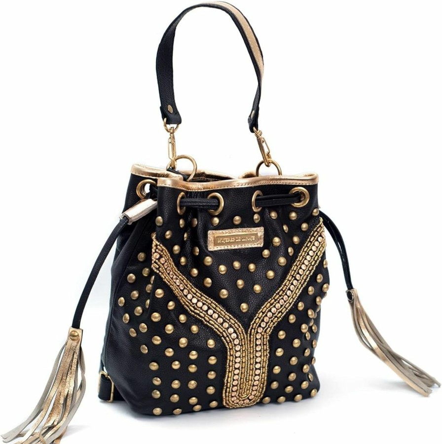 Backpack Handbags | Bequitas Bequitas Genuine Argentine Leather Backpack With Gold Rivets On The Front, Embroidered In Golden Beads And Leather Cord With Fringes To Close - Color: Black