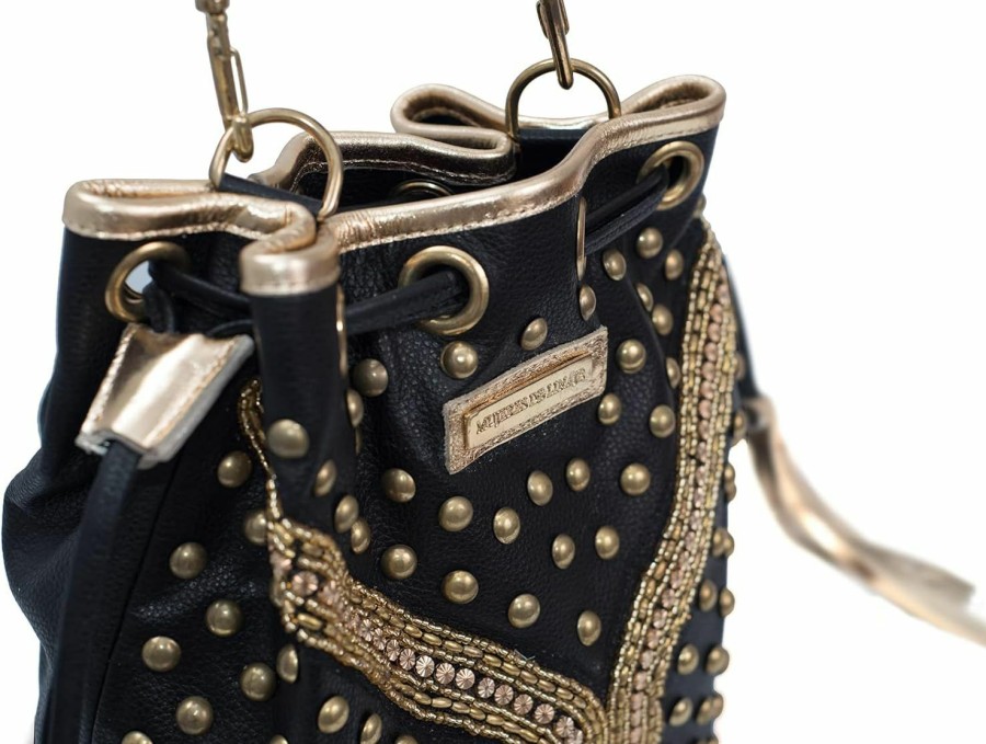 Backpack Handbags | Bequitas Bequitas Genuine Argentine Leather Backpack With Gold Rivets On The Front, Embroidered In Golden Beads And Leather Cord With Fringes To Close - Color: Black