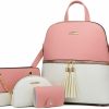 Backpack Handbags | NICOLE & DORIS Nicole & Doris Fashion Women Backpack Casual Daypack Color Block Pu Leather Rucksack 4-Pcs Backpack Purse Set With Crossbody Bag Clutches White With Pink