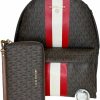 Backpack Handbags | Michael Kors Michael Kors Slater Medium Signature Logo Stripe Backpack Bundled With Lg Flat Mf Phone Wallet And Purse Hook (Signature Mk Brown/Bright Red Stripe)