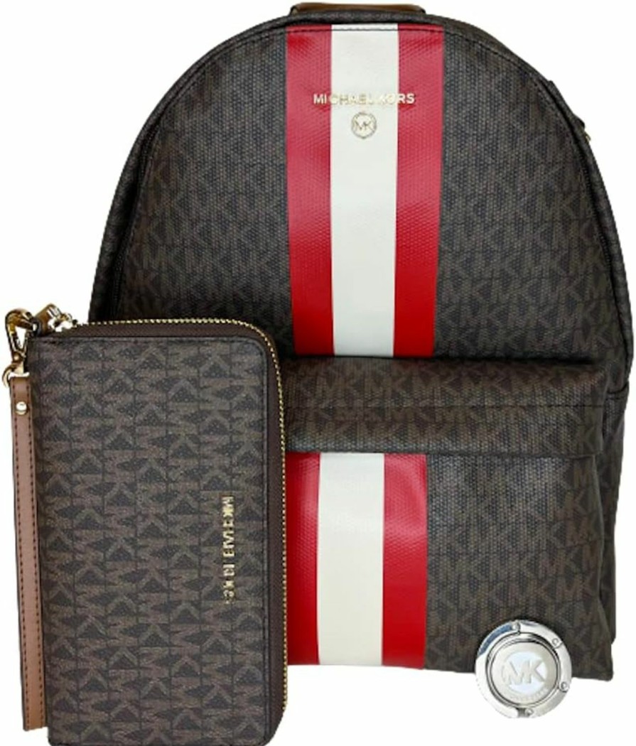 Backpack Handbags | Michael Kors Michael Kors Slater Medium Signature Logo Stripe Backpack Bundled With Lg Flat Mf Phone Wallet And Purse Hook (Signature Mk Brown/Bright Red Stripe)