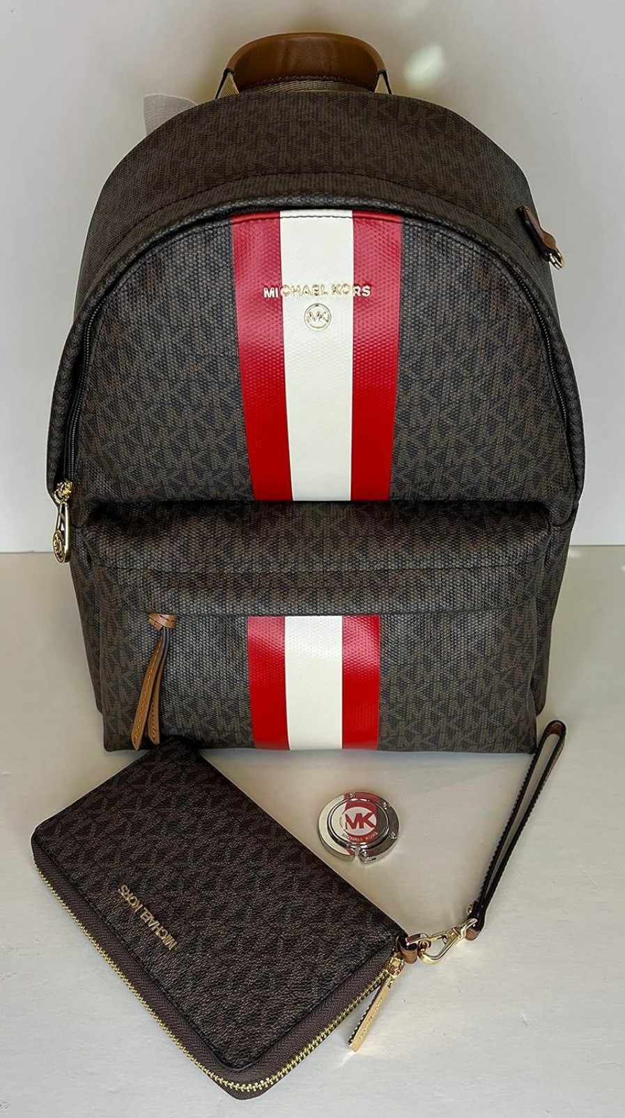 Backpack Handbags | Michael Kors Michael Kors Slater Medium Signature Logo Stripe Backpack Bundled With Lg Flat Mf Phone Wallet And Purse Hook (Signature Mk Brown/Bright Red Stripe)