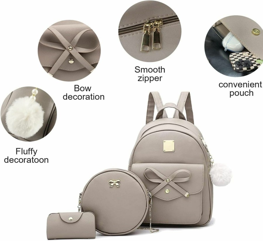 Backpack Handbags | Aogist Aogist Mini Leather Backpack Purse 3-Pieces Fashion Bowknot Zipper Bags Cute Casual Travel Daypacks For And Women