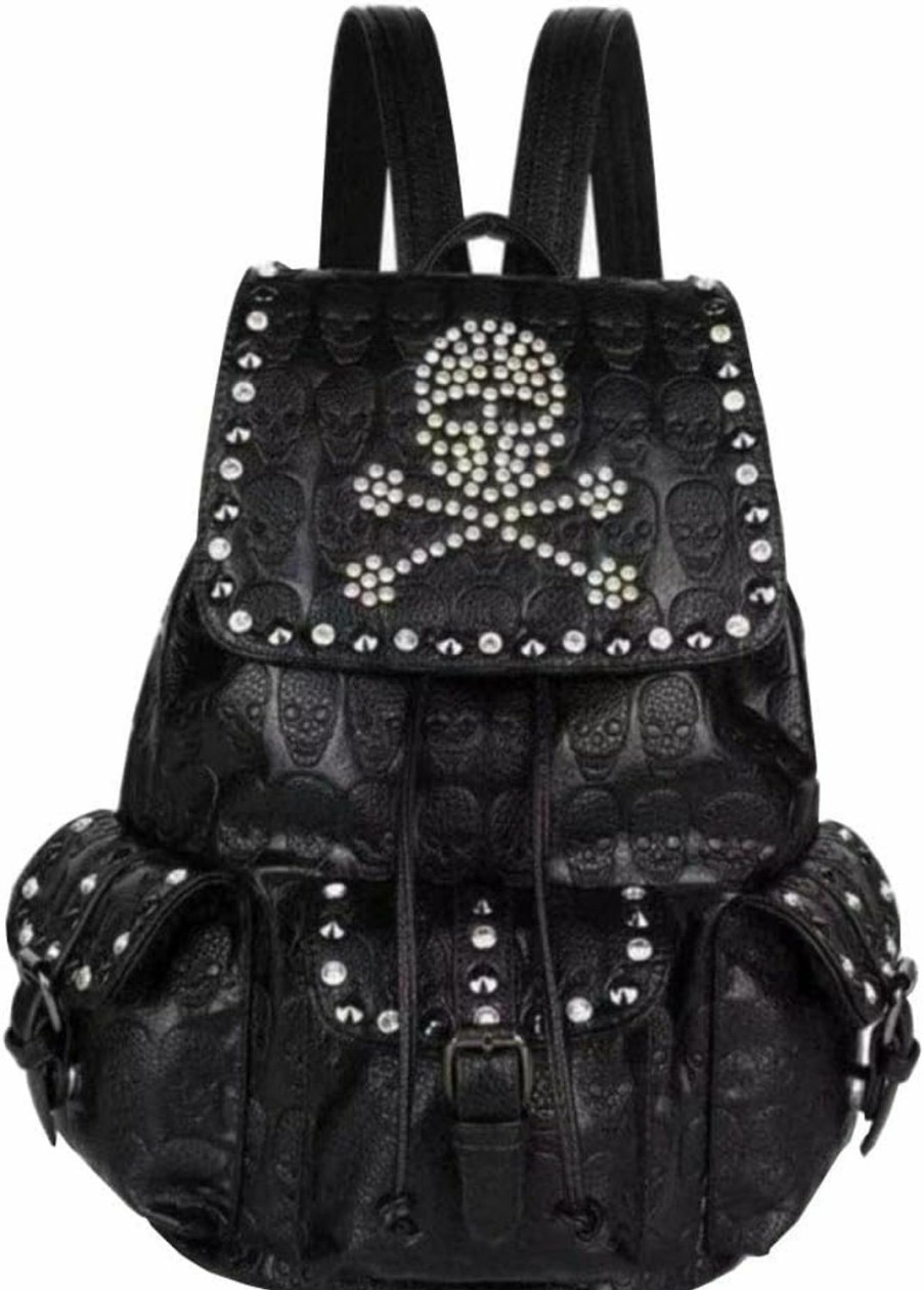 Backpack Handbags | FiveloveTwo Fivelovetwo Women Rivets Backpack Rucksack Rhinestones Daypack Multi-Pocket Purse Shoulder Bag Black