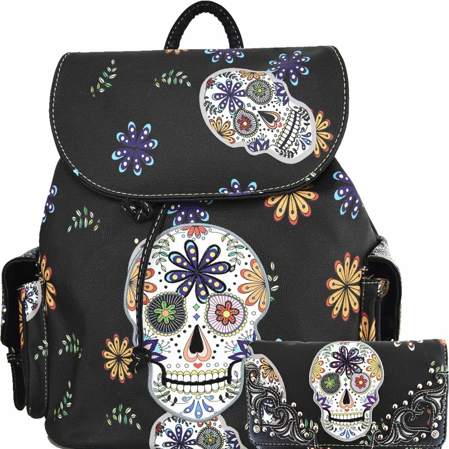 Backpack Handbags | WESTERN ORIGIN Western Origin Sugar Skull Day Of The Dead Daypack Punk Gothic Backpack Rose Flower Fashion Women Travel Biker Purse Daypack Wallet Set (#1 Black Set)