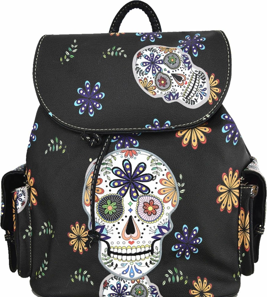 Backpack Handbags | WESTERN ORIGIN Western Origin Sugar Skull Day Of The Dead Daypack Punk Gothic Backpack Rose Flower Fashion Women Travel Biker Purse Daypack Wallet Set (#1 Black Set)