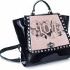 Backpack Handbags | Bequitas Bequitas Genuine Argentine Patent Leather Backpack, With Rivets And Engraved Rose Leather Flap - Color: Black