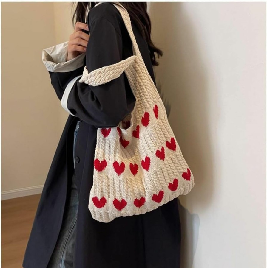 Backpack Handbags | Pokn Pokn Crochet Tote Bag Heart Tote Cutecore Key Chain Cute Tote Bag Y2K Accessories Shoulder Bag Heart Bag Hobo Bag Y2K Knit