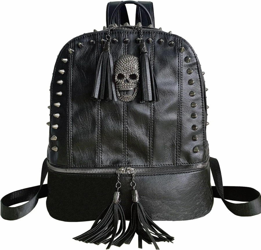 Backpack Handbags | Downupdown Downupdown Skull Backpacks For Women And Men Vintage Backpack Bag Rivet Backpack Handbags Uni Tassels Bookbag Hip Hop Casual Dayback Bag-Black