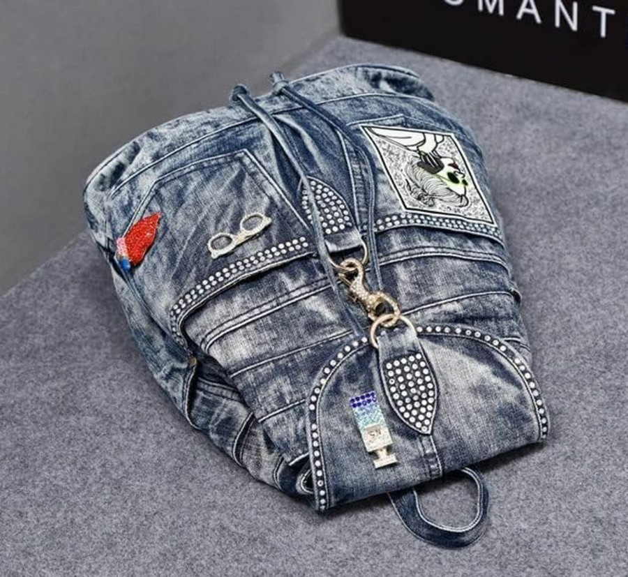 Backpack Handbags | Alice Fan Alice Fan Fashion Denim Women Casual Backpack Large Capacity Jeans Shoulder Bag With Diamond Dec Female Backpacks (Blue)