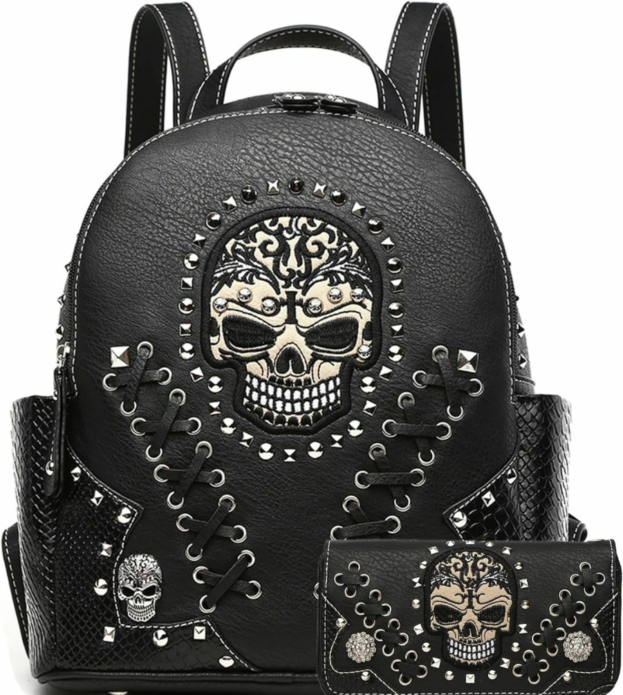 Backpack Handbags | Cowgirl Trendy Cowgirl Trendy Sugar Skull Punk Art Rivet Stud Biker Purse Women Fashion Backpack Python Daypack Shoulder Bag Wallet Set (Black Set), Large