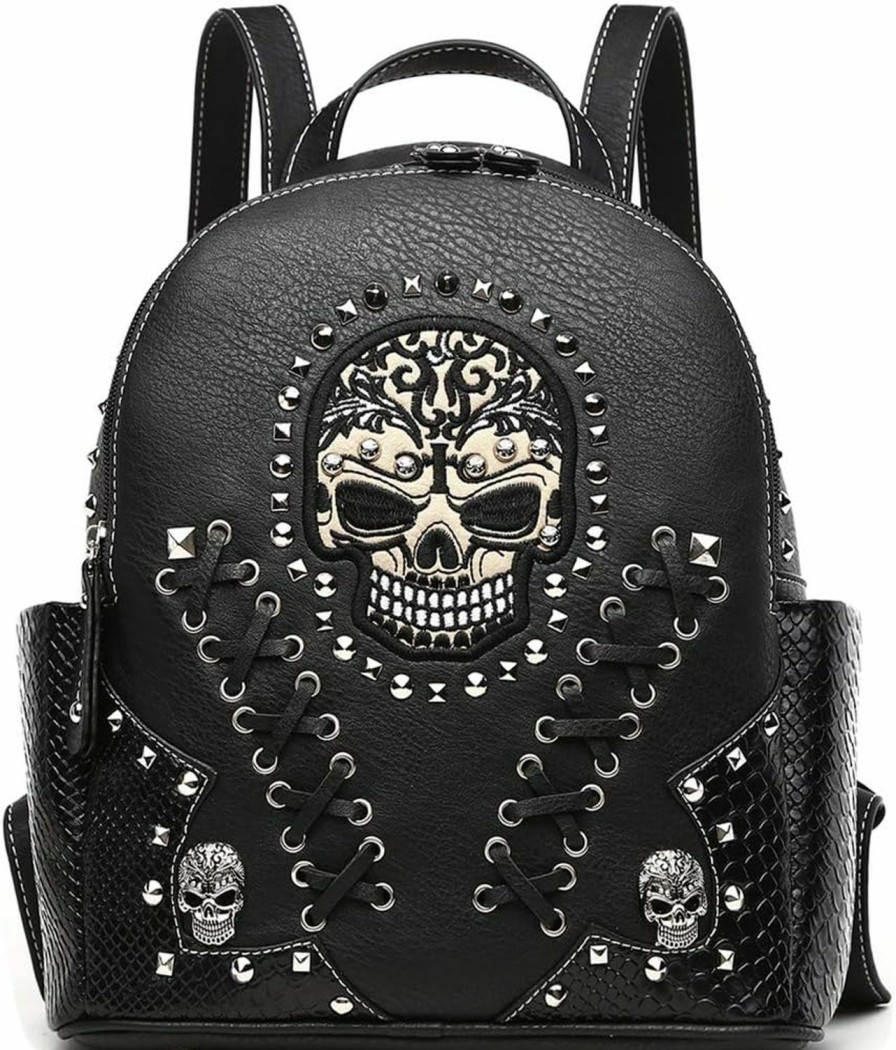 Backpack Handbags | Cowgirl Trendy Cowgirl Trendy Sugar Skull Punk Art Rivet Stud Biker Purse Women Fashion Backpack Python Daypack Shoulder Bag Wallet Set (Black Set), Large