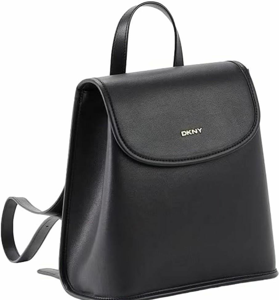 Backpack Handbags | DKNY Dkny Women'S Brook Leather Large Flap Backpack, Black/Gold, One Size