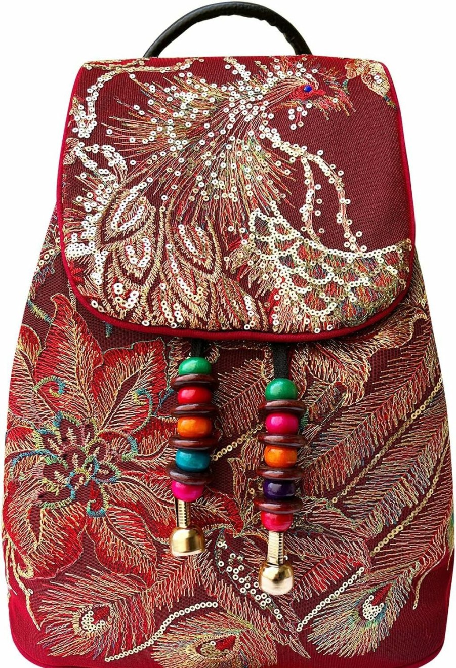 Backpack Handbags | Fionling Women Ladies Fashion Canvas Embroidery Ethnic Style Phoenix Sequin Large Capacity Peacock Zipper Backpack