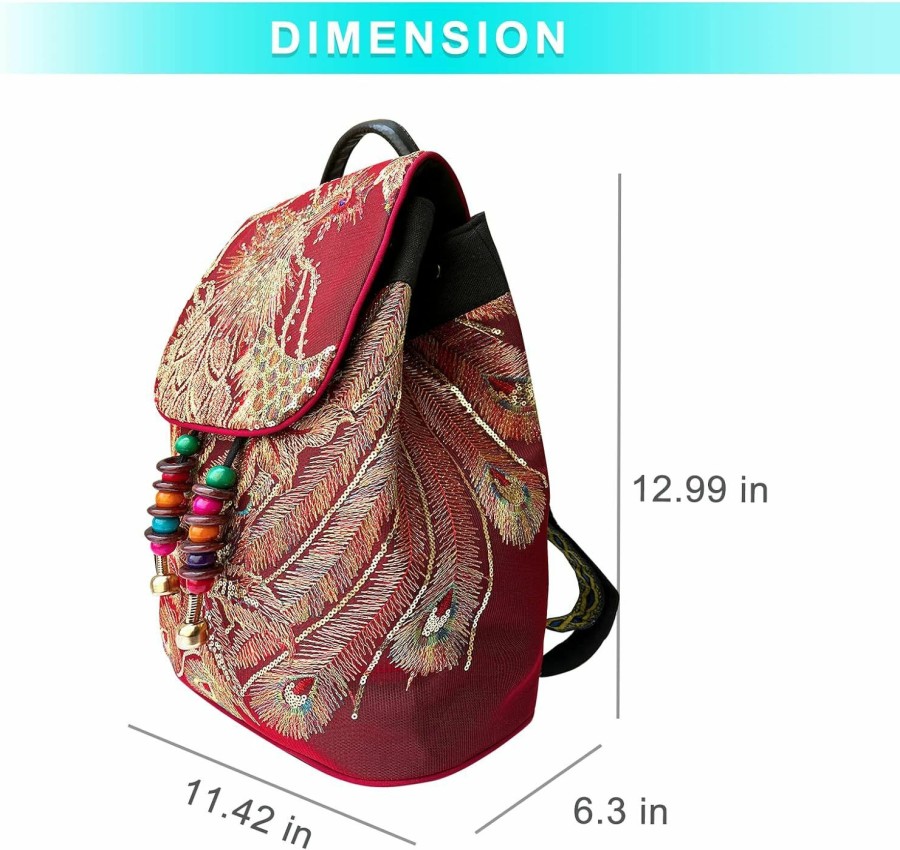 Backpack Handbags | Fionling Women Ladies Fashion Canvas Embroidery Ethnic Style Phoenix Sequin Large Capacity Peacock Zipper Backpack