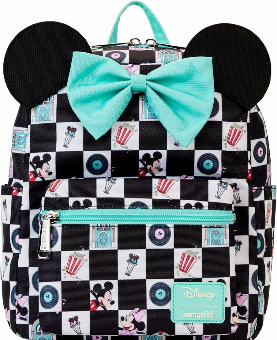 Backpack Handbags | MicWholesale Mouse Loungefly Mickey & Minnie Date Night Diner Checkered All-Over Print Nylon Mini Backpack