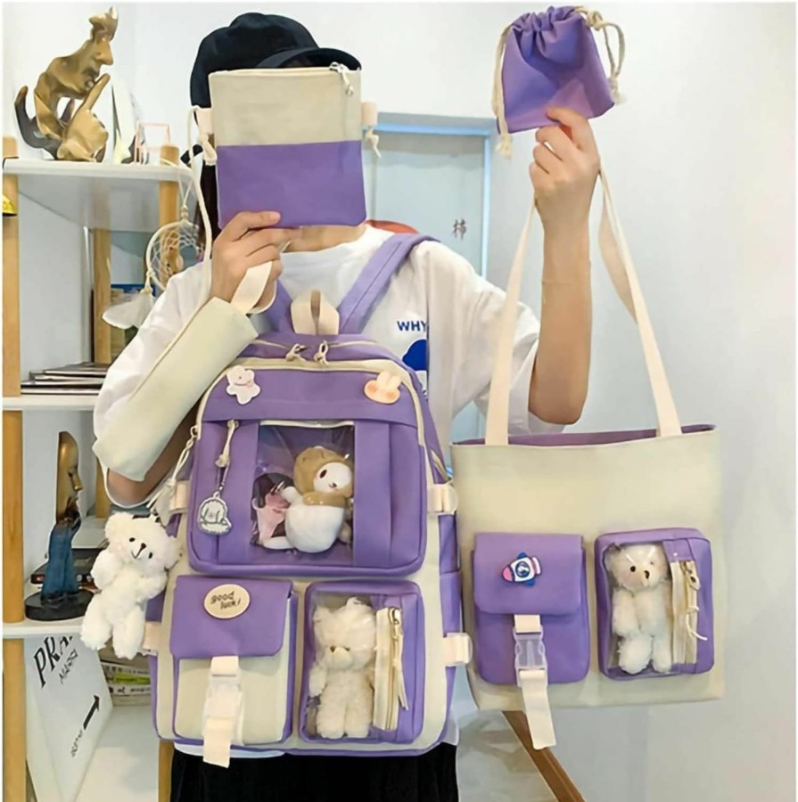 Backpack Handbags | AIDISEN Aidisen Kawaii Backpack 5Pcs Set 17In Aesthetic Sports Bag With Cute Backpack, Shoulder Bag, Pencil Box, Tote Bag, Small Bag (Purple Backpack) 1-2-3