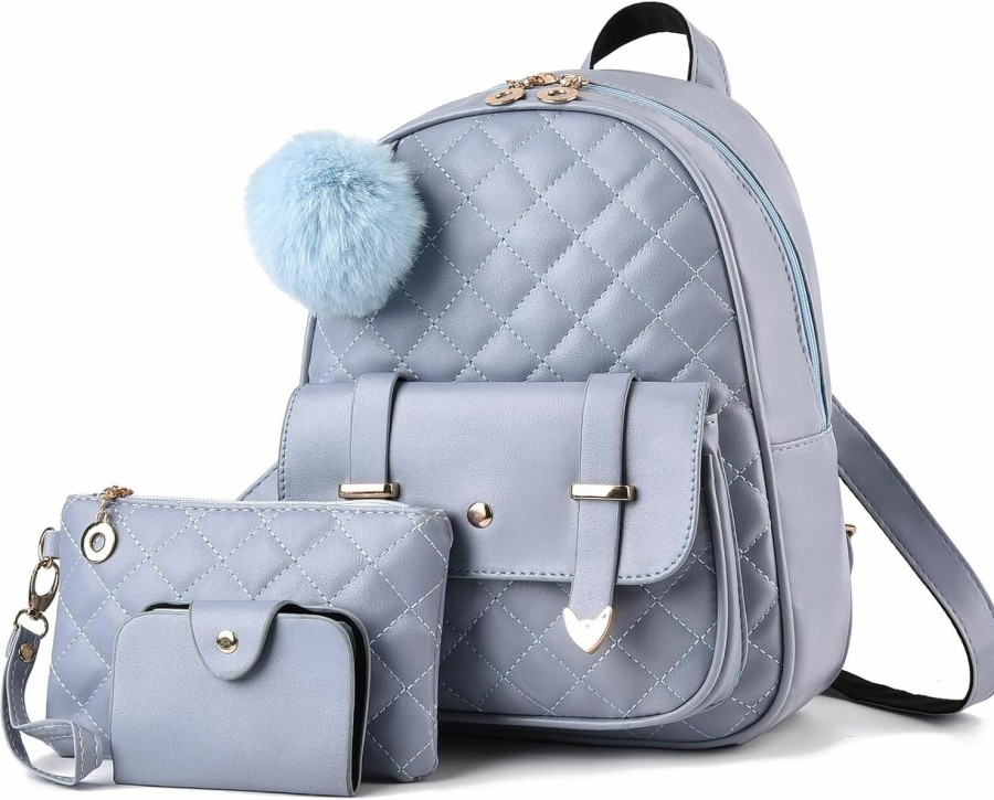 Backpack Handbags | I IHAYNER I Ihayner Backpack Purse For Women 3Pcs Leather Cute Small Backpack Purse With Pompom Mini Backpack For Women Travel Backpack (Light Blue)