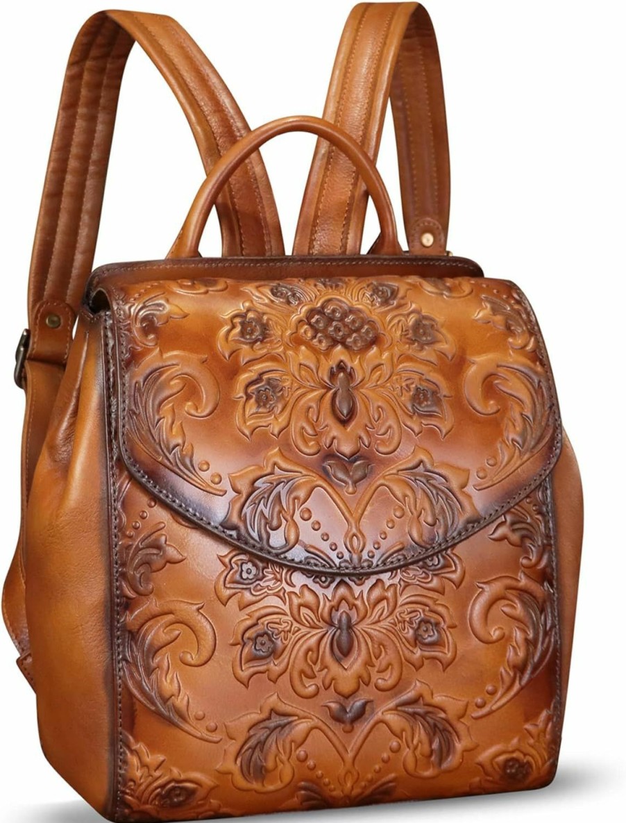 Backpack Handbags | FEIGITOR Feigitor Genuine Leather Backpack For Women Purse Retro Embossed Leather Handmade Knapsack Back Bag Casual Daypack (Brown)