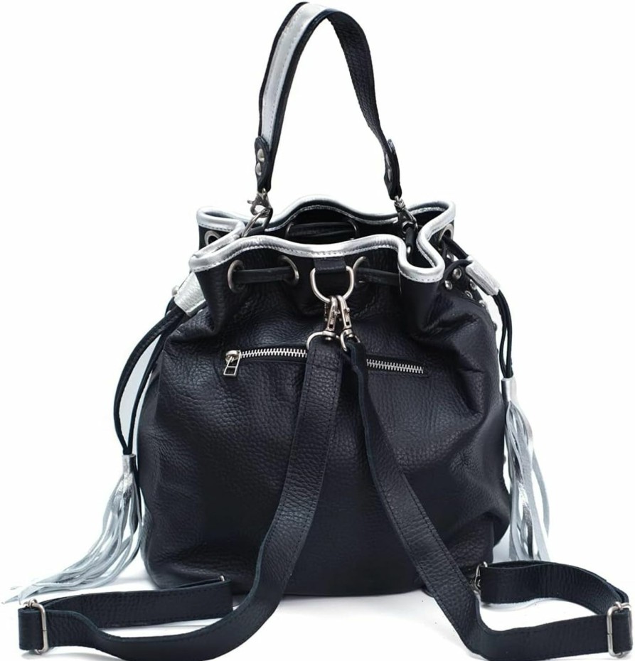 Backpack Handbags | Bequitas Genuine Argentine Leather Bucket Bag With Draw String, Featuring Top Handle, Shoulder Strap, Metal Studs On The Front And Tassels On The Sides