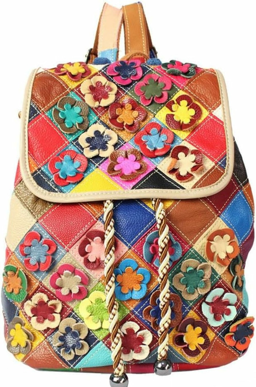 Backpack Handbags | Segater Segater 3D Colorful Flowers Backpack For Women Multi-Colored Genuine Leather Daypack Random Color Spliced Drawstring Shoulder Purses