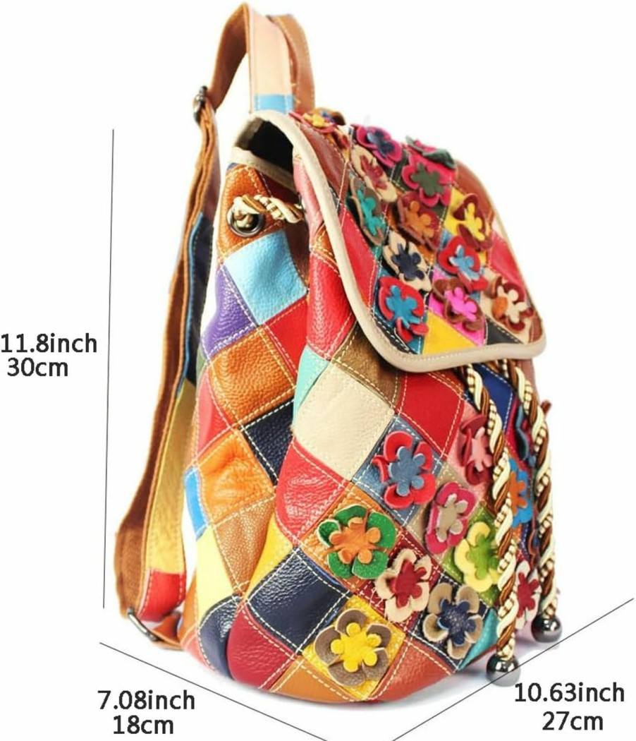 Backpack Handbags | Segater Segater 3D Colorful Flowers Backpack For Women Multi-Colored Genuine Leather Daypack Random Color Spliced Drawstring Shoulder Purses