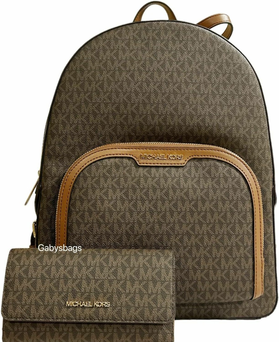 Backpack Handbags | Michael Kors Michael Kors Jaycee Large Backpack School Bag Bundled Jet Set Travel Large Trifold Wallet Mk Signature (Brown Mk)