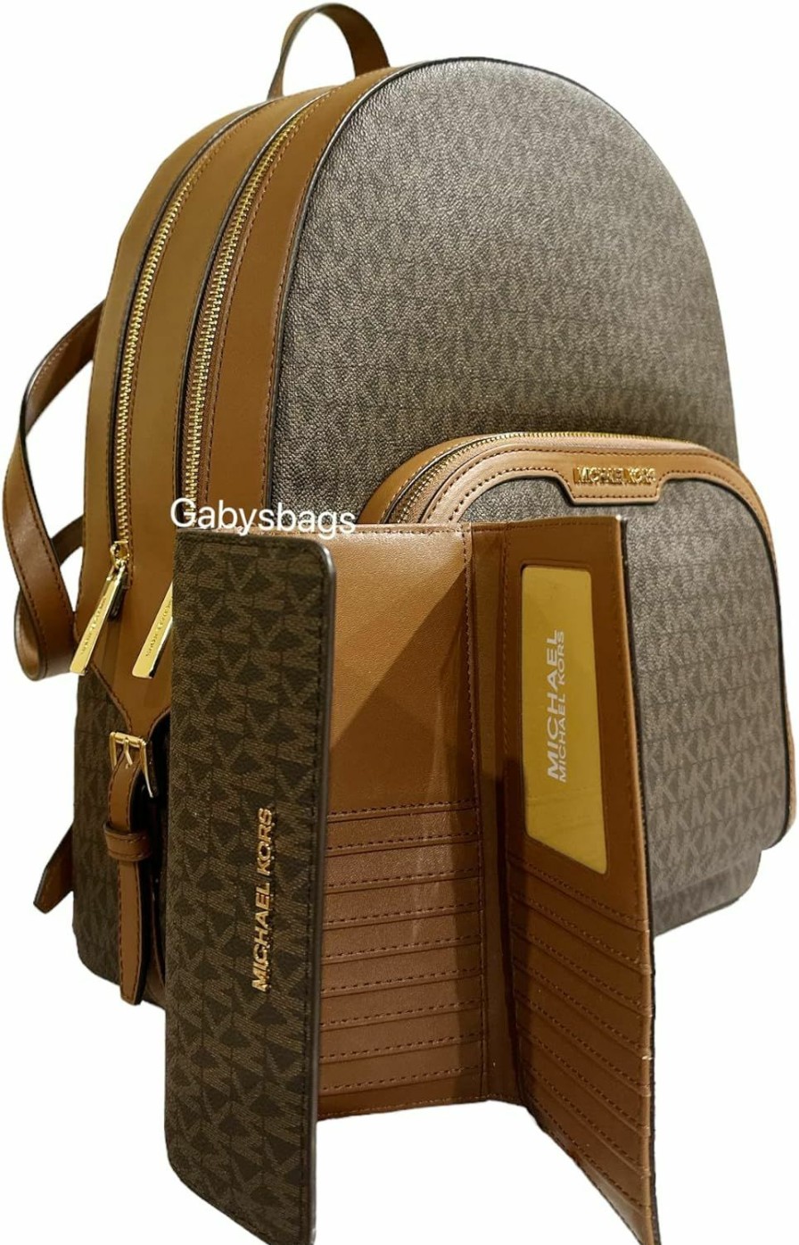 Backpack Handbags | Michael Kors Michael Kors Jaycee Large Backpack School Bag Bundled Jet Set Travel Large Trifold Wallet Mk Signature (Brown Mk)