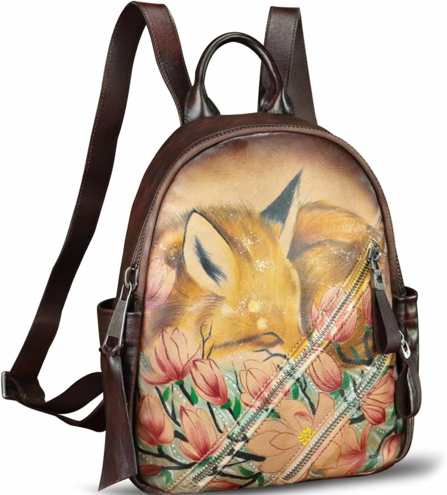 Backpack Handbags | FEIGITOR Feigitor Genuine Leather Backpack For Women Hand Painted Knapsack Purse Handmade Rucksack Casual Daypack (Pattern1)