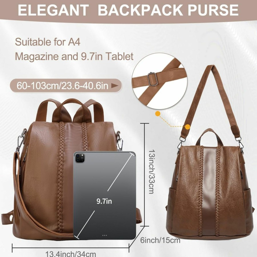 Backpack Handbags | VASCHY Backpack Purse For Women,Vaschy Fashion Faux Leather Anti-Theft Backpack Purse Small For Ladies Bookbag Purse With Vintage Weave Brown