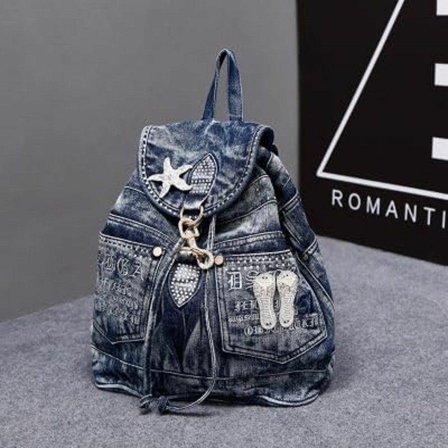 Backpack Handbags | Alice Fan Casual Denim Women Backpack Large Capacity Jeans Shoulder Bag With Diamonds Dec Female Daypack Backpacks (Blue)