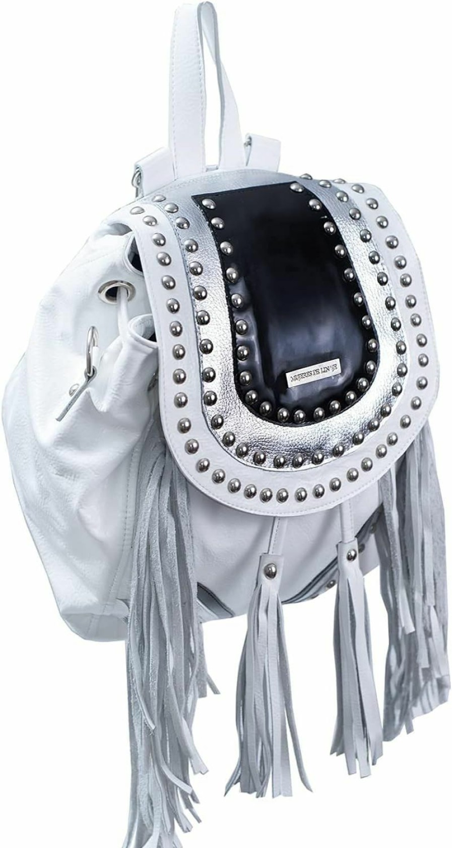 Backpack Handbags | Bequitas Bequitas Genuine Argentine Leather Backpack. Black, Silver And White Studded Flap With Rivets. Color: White