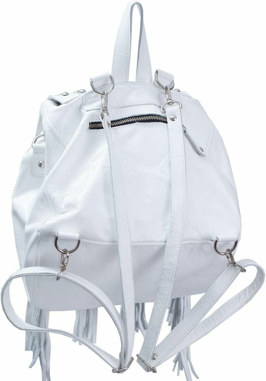 Backpack Handbags | Bequitas Bequitas Genuine Argentine Leather Backpack. Black, Silver And White Studded Flap With Rivets. Color: White