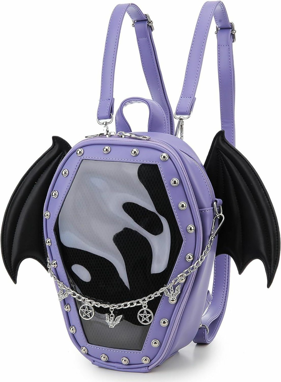 Backpack Handbags | fancybag Fancybag Goth Coffin Backpack With Detachable Bat Wing Halloween Coffin Ita Punk Shoulder Bag For Enamel Pins Display,Pins Not Included(Purple)