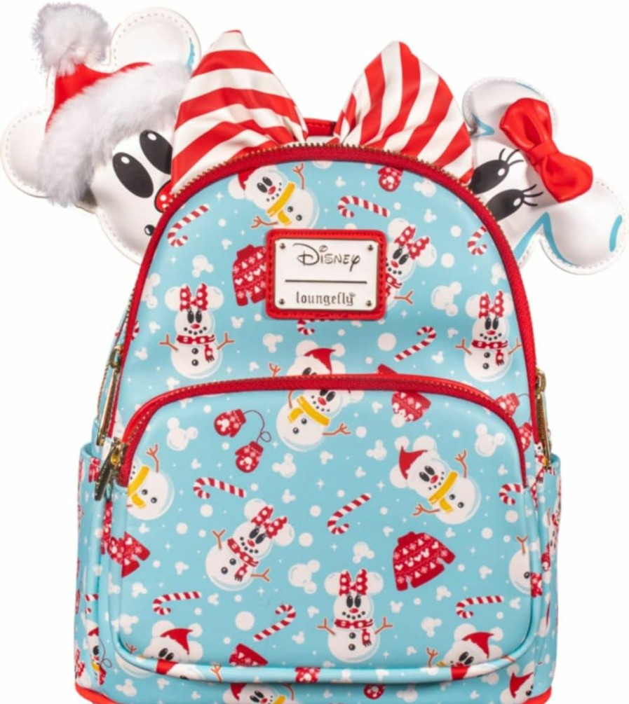 Backpack Handbags | Loungefly Loungefly Disney Christmas Mickey And Minnie Snowman Aop Womens Double Strap Shoulder Bag Purse With Ears Headband