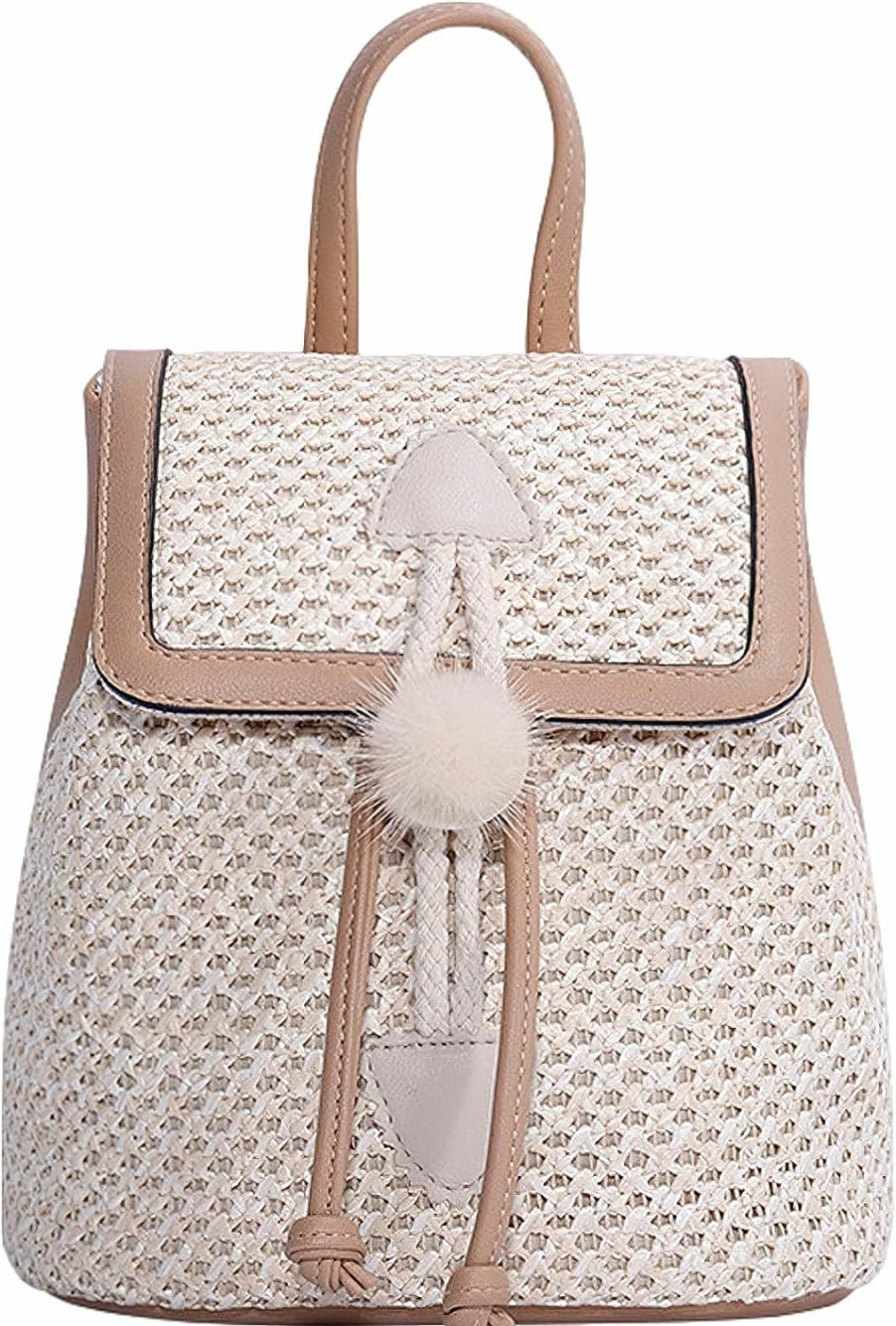 Backpack Handbags | Anopo Anopo Small Straw Backpack For Women Summer Handmade Woven Beach Bag Bookbag Daypack Wicker Purse Bohomian Drawstring Shoulder Bag-F Furball-Khaki