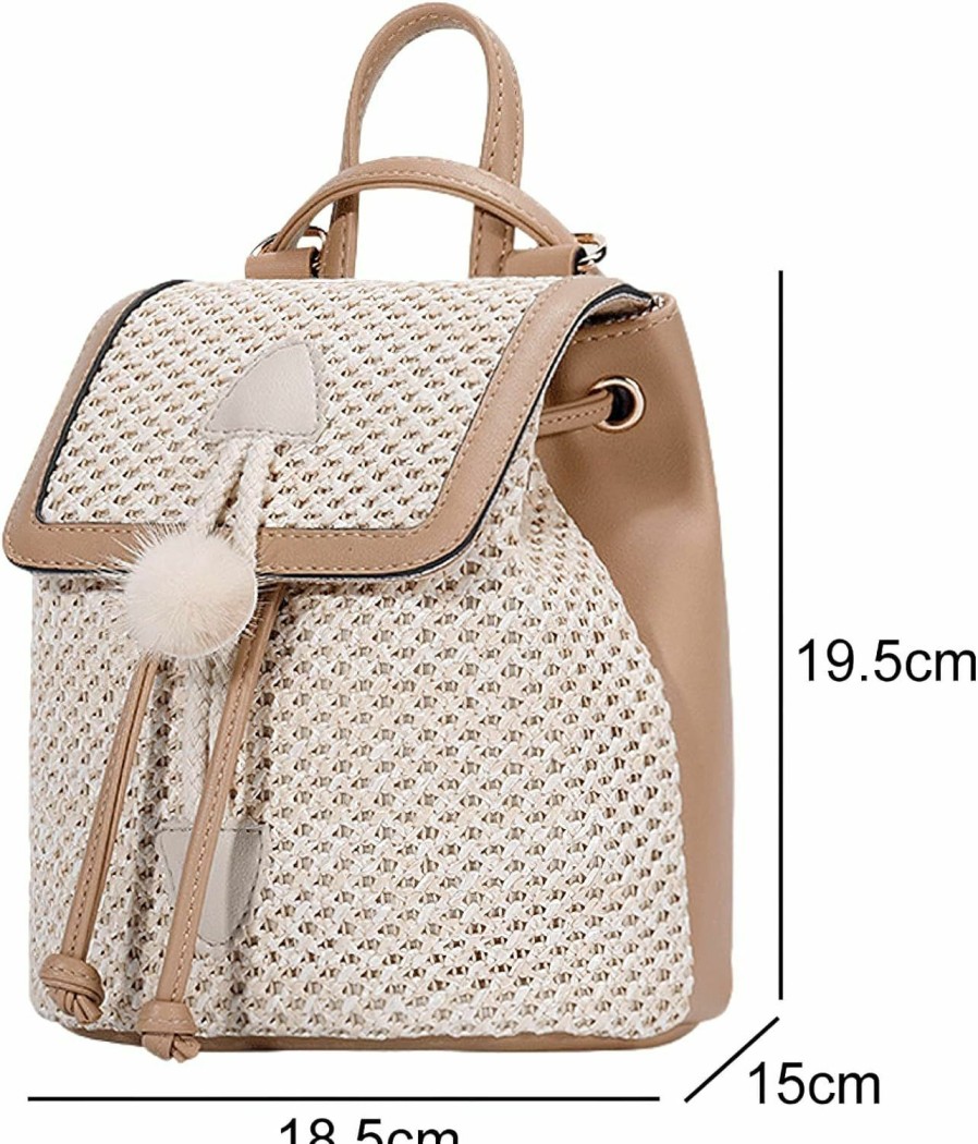 Backpack Handbags | Anopo Anopo Small Straw Backpack For Women Summer Handmade Woven Beach Bag Bookbag Daypack Wicker Purse Bohomian Drawstring Shoulder Bag-F Furball-Khaki